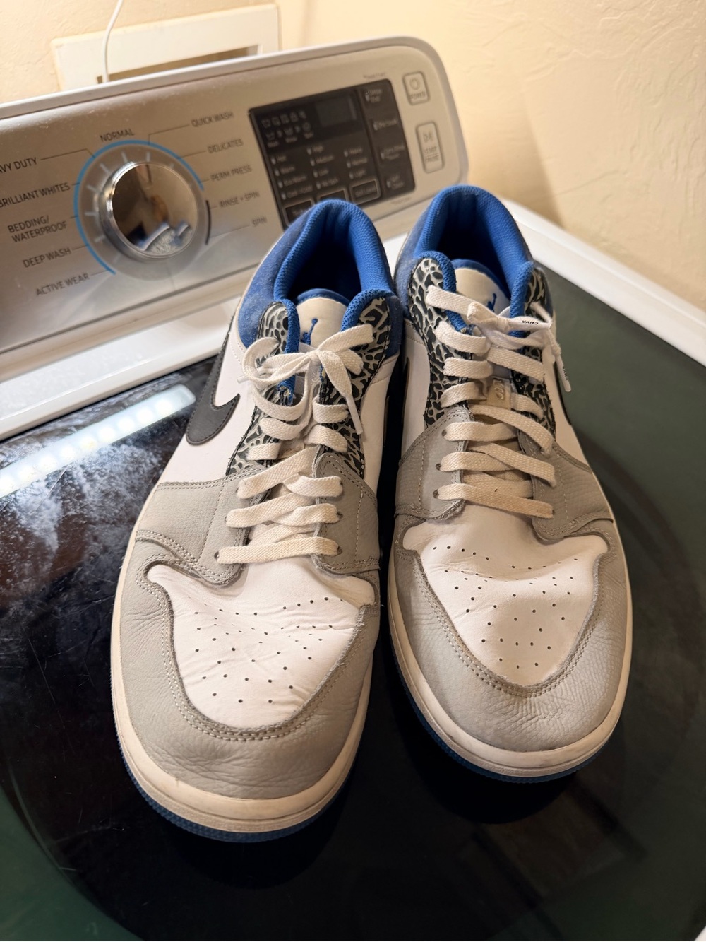 Men's Low-Top Nike Athletic Sneakers - White & Gray with Blue Leopard Accents 14